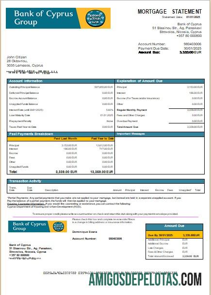 Declaração de hipoteca bancária do Chipre Bank Of Cyprus baixar para verificação